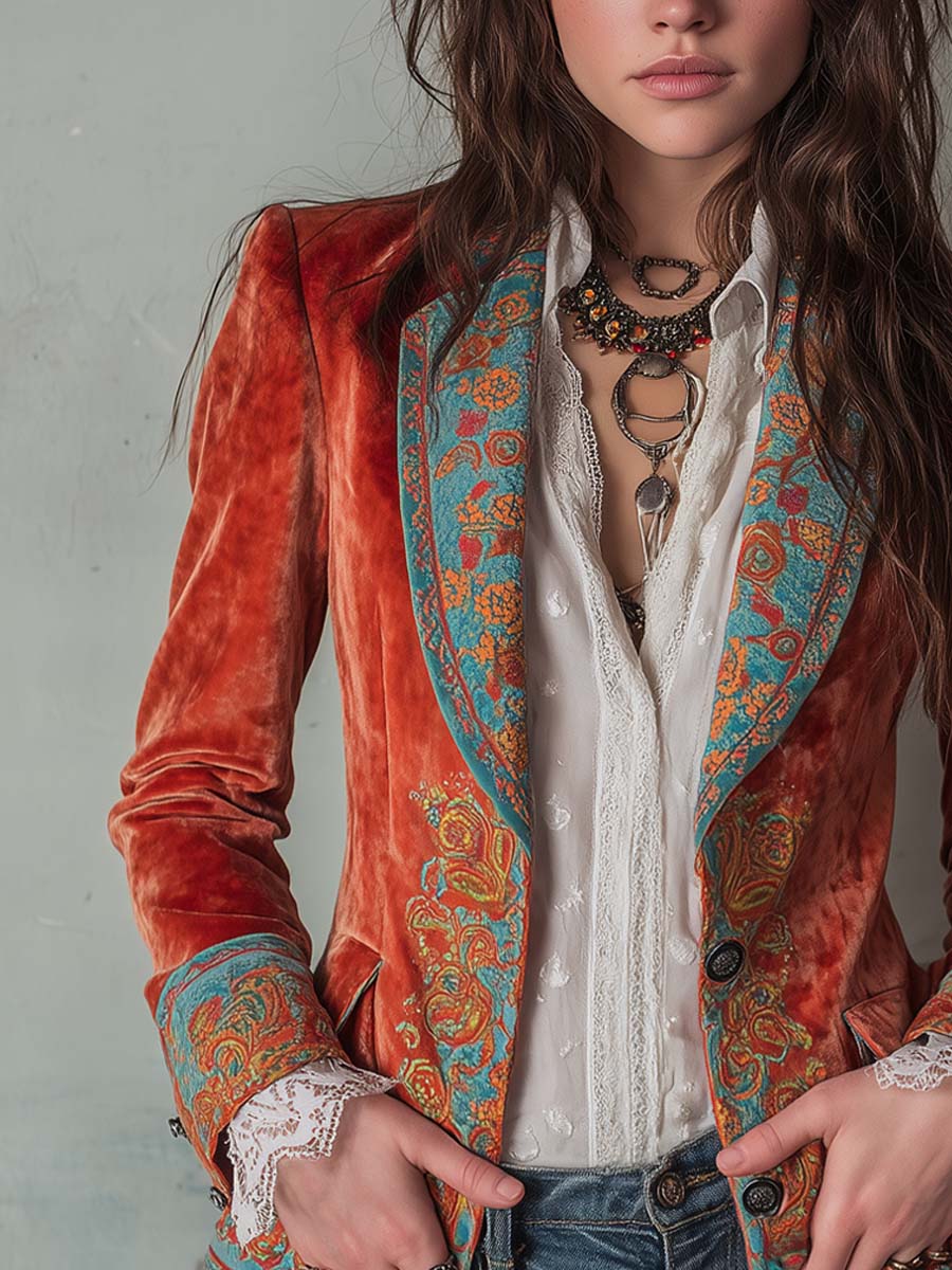 Aria | Retro Contrast Color Velvet Printed Blazer