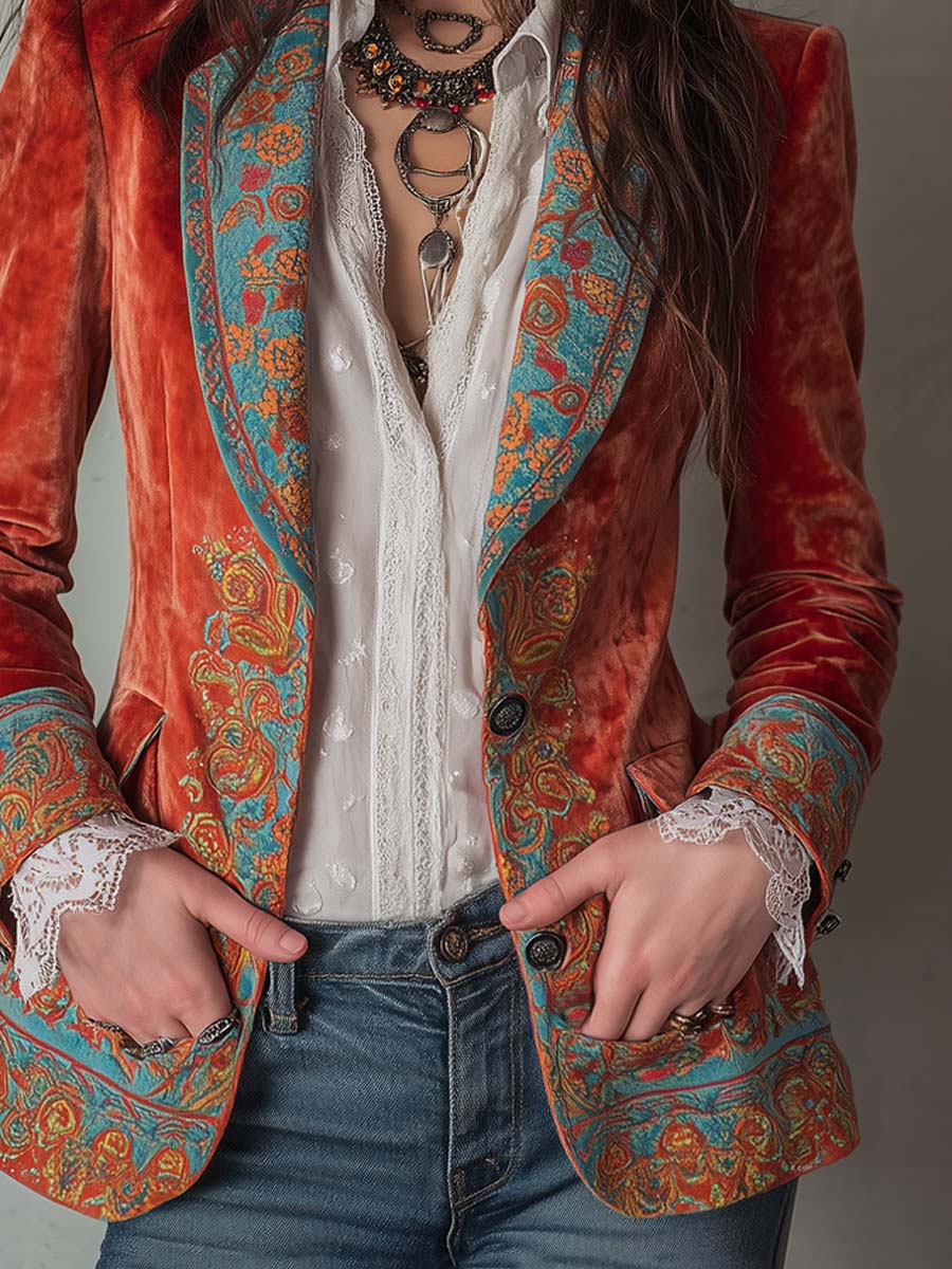 Aria | Retro Contrast Color Velvet Printed Blazer