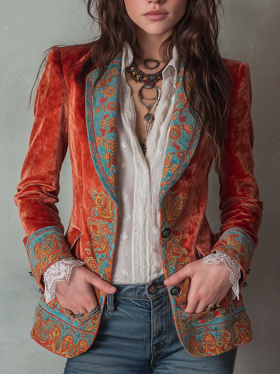 Aria | Retro Contrast Color Velvet Printed Blazer